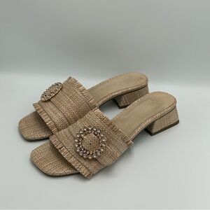 Anne Klein Nahla Sandals Slip On Crystal Buckle Sz 9 Block Heel